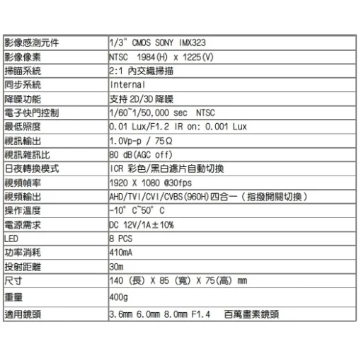 SONY晶片 1080P AHD TVI CVI 紅外線 防水 攝影機 攝像頭 監視器 8顆 陣列燈 LED 含稅開發票：圖片 7