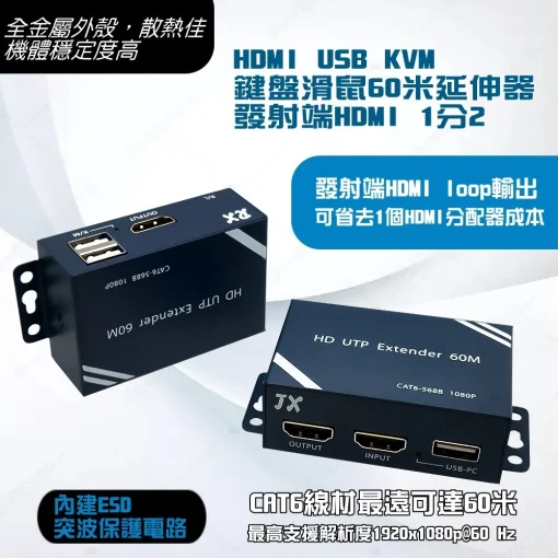 60米 HDMI 轉網路線 LOOP 1進2出 延伸器 延長器 USB KVM 鍵盤 滑鼠 可單邊供應2端電源 1分2：圖片 2