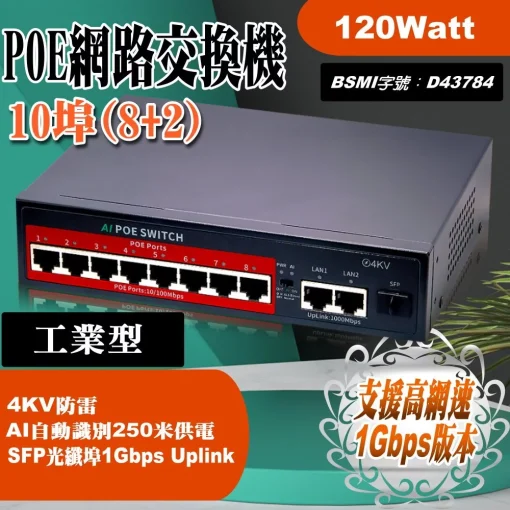 4埠 6埠 8埠 10埠 4路 8路 PoE 網路 交換機 Switch 工業型 乙太網路 交換器 120W 250米