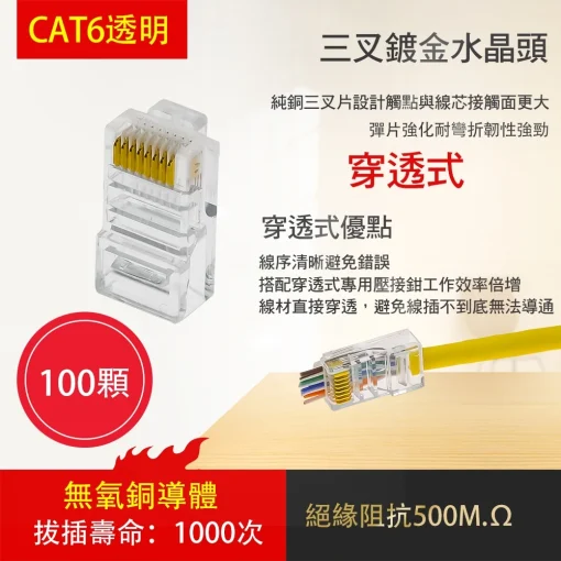 台灣現貨 100個 水晶頭 網路線  網路頭 三叉 鍍金 CAT5 RJ45 CAT6 透明 非穿透式 穿透式：圖片 8