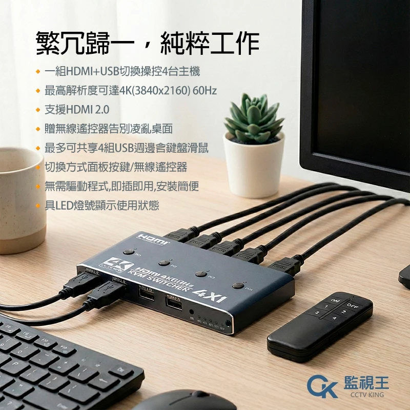 4埠 4K 4X1 HDMI USB 鍵盤 滑鼠 共享器 螢幕 KVM 電腦 切換器 4進 4路 4口 共用 共享:圖片 3